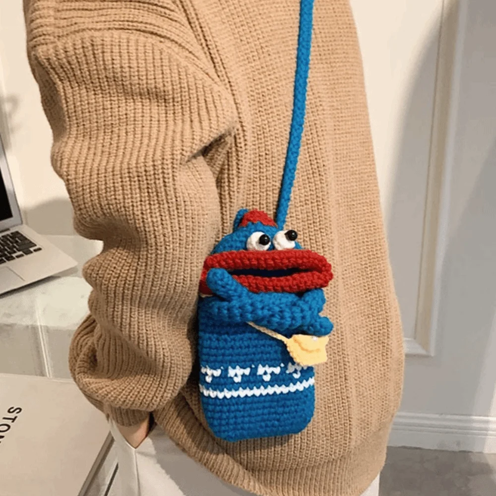 Cute Knitting Small Crossbody Bag Big Mouth Handmade Shoulder Coin Purse Crochet Funny Phone Bag Women,Children