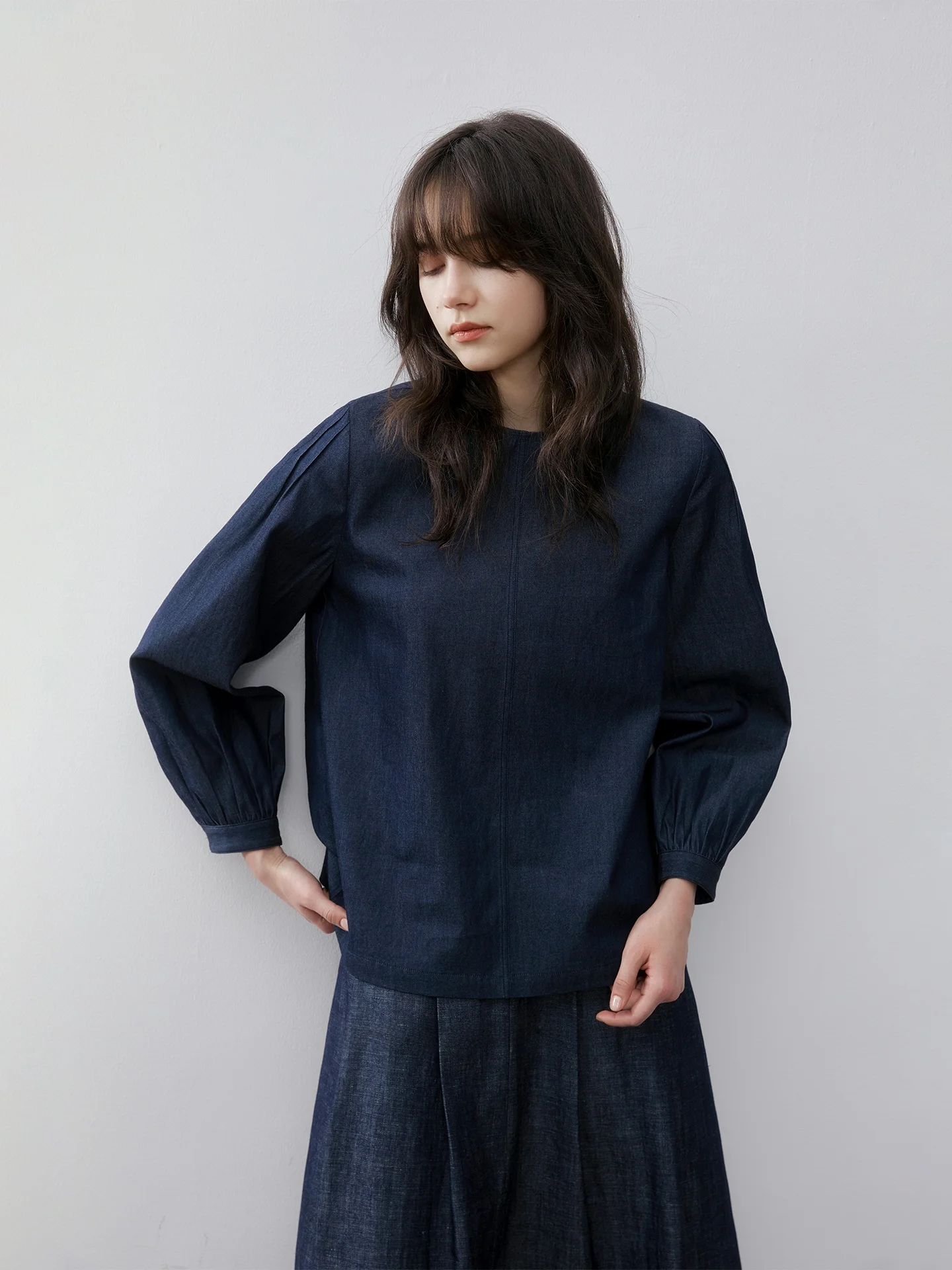 

Nomumad Long Sleeve Cotton Shirt Basic round Neck Casual Style Loose Fit Women's Comfortable Breathable Blue Long Shirt