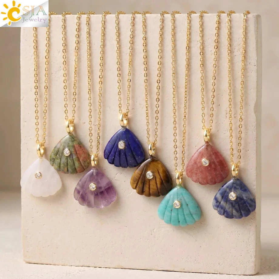 CSJA Naturstein-Anhänger-Halskette, Muschel-geschnitzter Kristall-Amethyst, Edelstahl-Charm für DIY-Halsketten-Schmuckherstellung H886