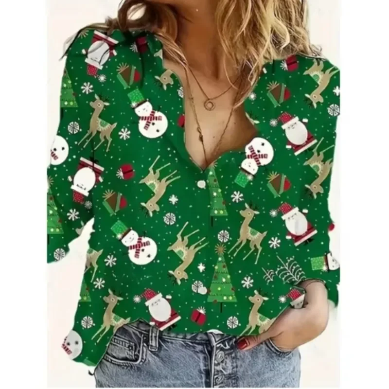 Women New Christmas Shirt Cute Christmas tree Santa Claus Print Blouses Casual Long Sleeve Button Tops Autumn Blouses Ladies