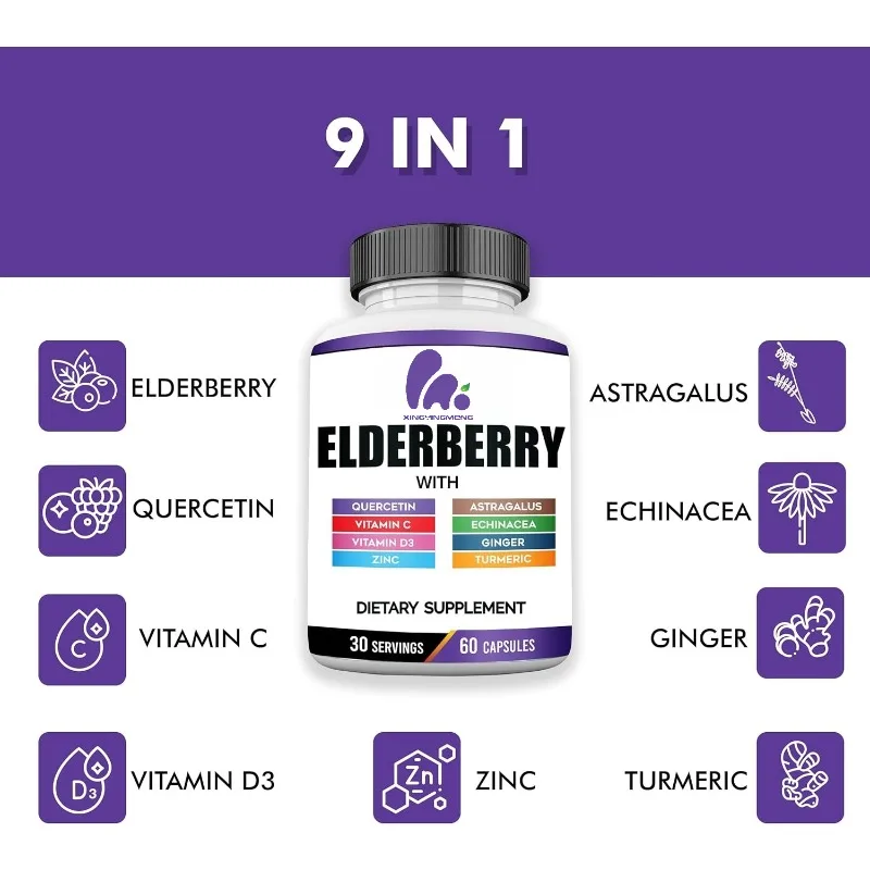 Elderberry Extract Capsules Contain Quercetin, Vitamin C, D3, Ginger, Zinc, Turmeric, and Echinacea - Immune Support Supplements
