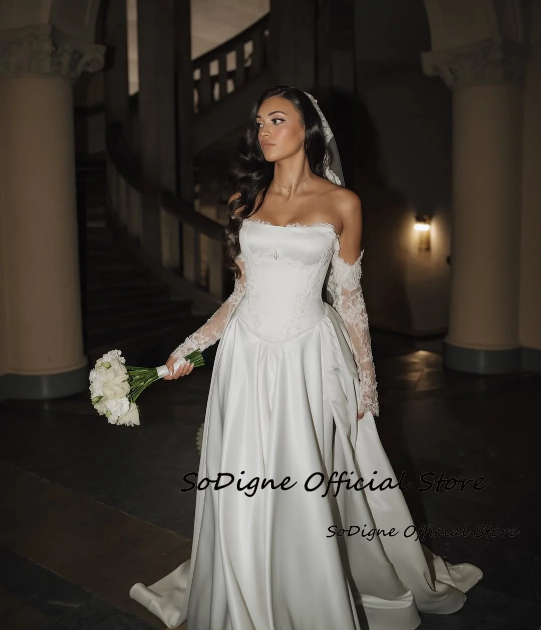 SoDigne Satin A-Linie Brautkleider Trägerlos Abnehmbare Ärmel Brautkleid Hochzeit Party Kleid Robe De Mariee Maßgeschneidert