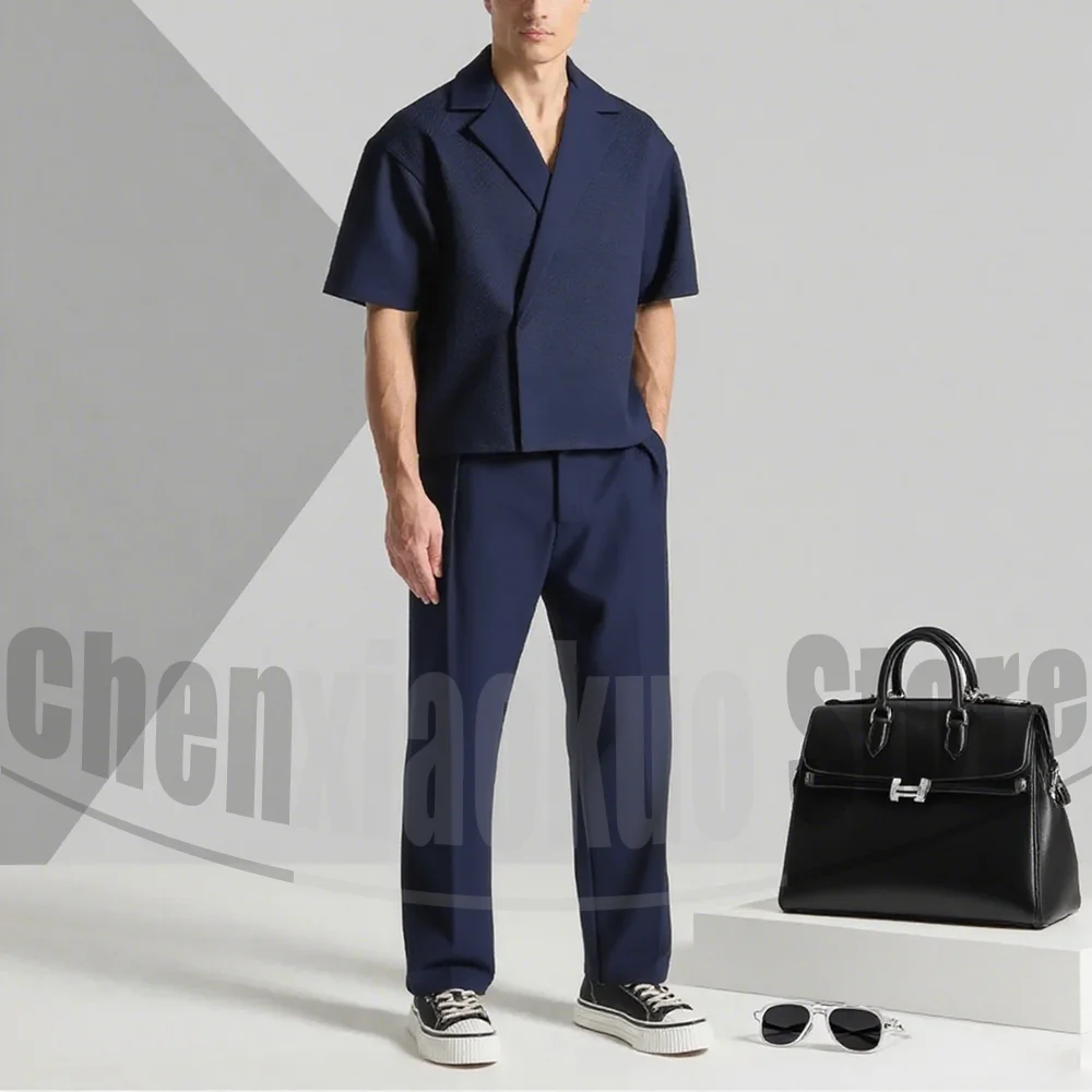 

Men's Short Sleeves Suit Set Casual Solid Color Blazer and Straight Pants Fashion Daily Wear Street Style 2 Piece Male Suit