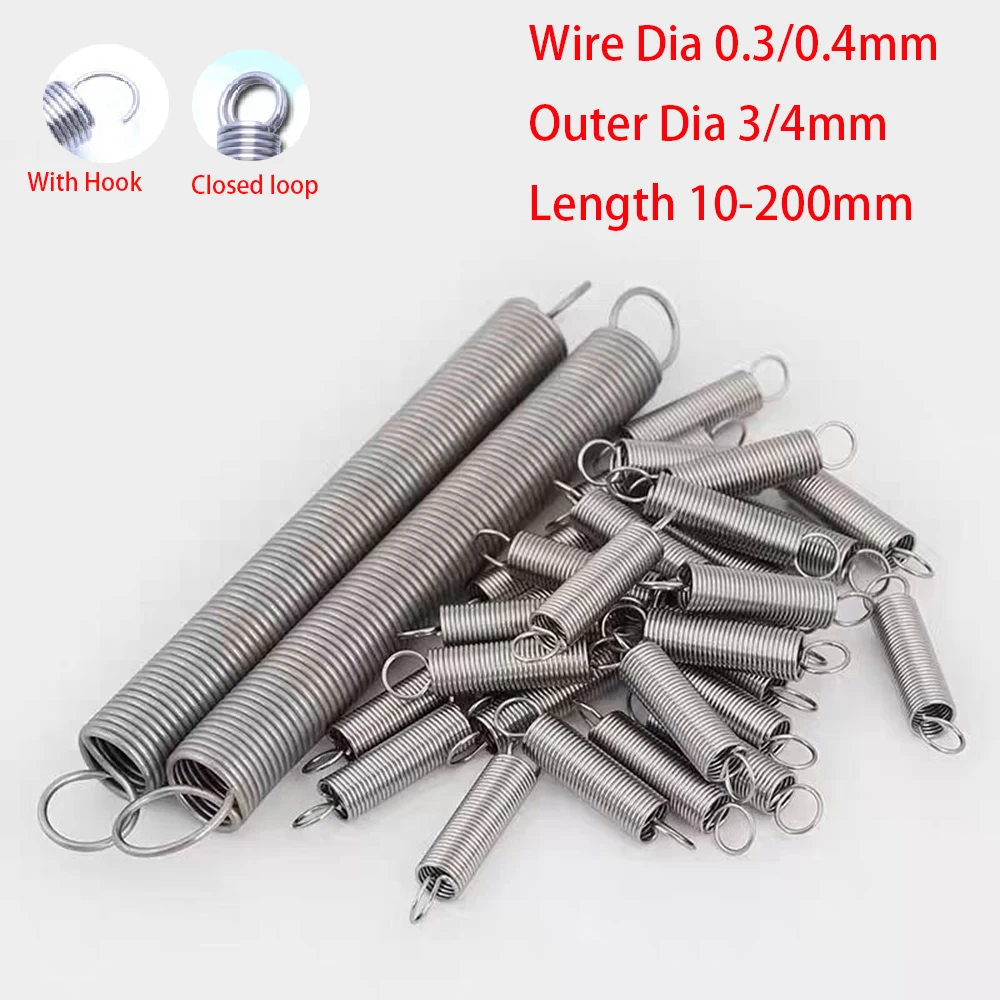 Wire Dia 0.3/0.4mm Tension Spring Outer Dia 3/4mm 304 Stainless Steel Closed loop/With Hook Extension Springs Length 10-200mm