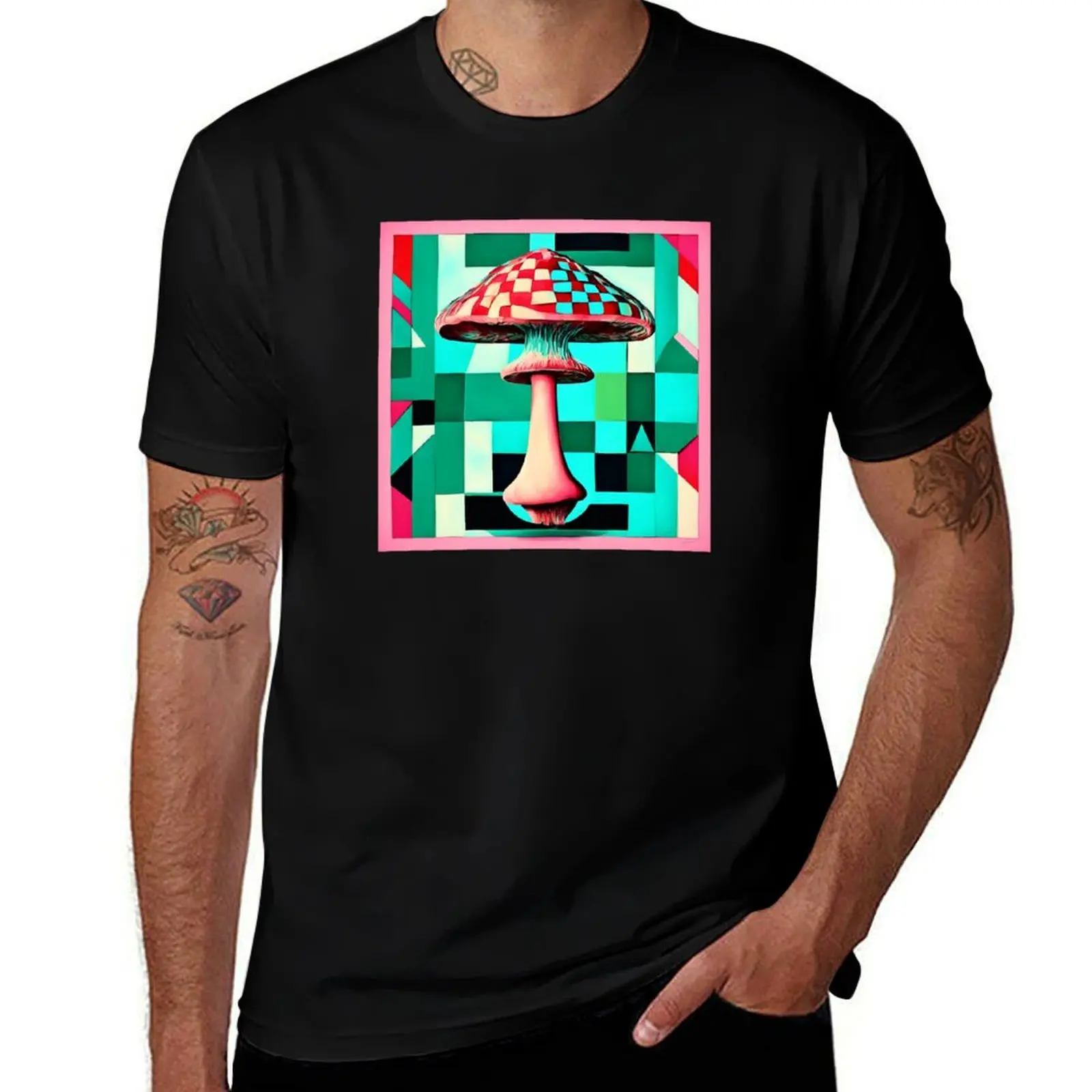 Des agarics mouches d’une beauté fantastique sur fond de motifs en damier bleu et de turquoise. Champignons. T-Shirt