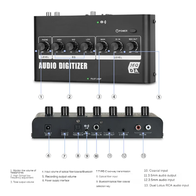 AY14 -Digital To Analog Audio Converter Type-C /Bluetooth/Optical Fiber/Coaxial Connection Audio Amplifier Live Tuning