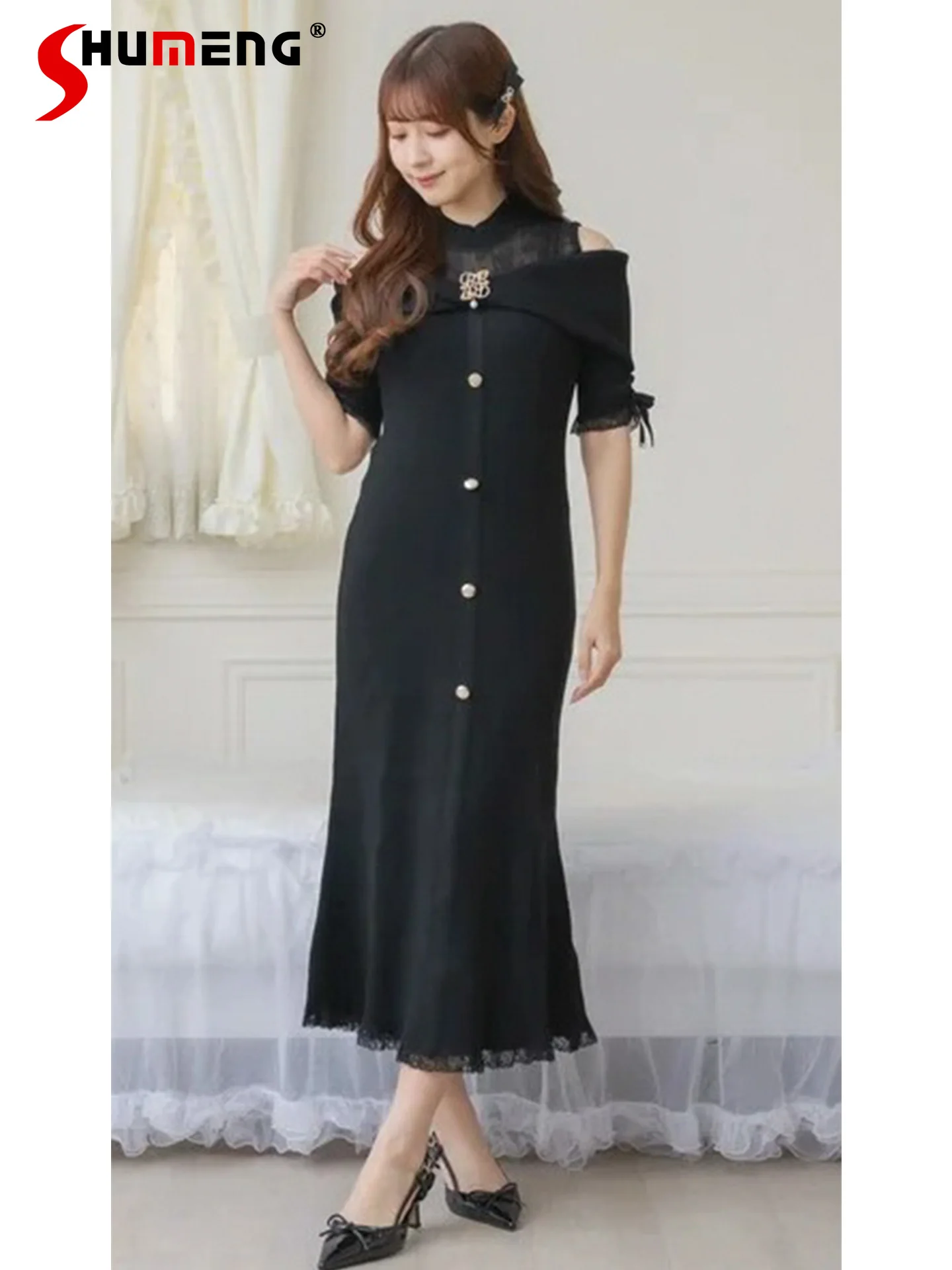

Japanese Style Elegant Lace Spliced Stand Collar Off Shoulder Short Sleeve Bow High Waist Bodycon Knitted Long Dress for Women