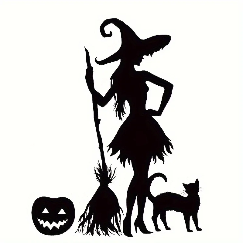Halloween Witch and Cat Vinyl Decal - Weatherproof Self-Adhesive Sticker for Vehicles, Electronics & Smooth Surfaces