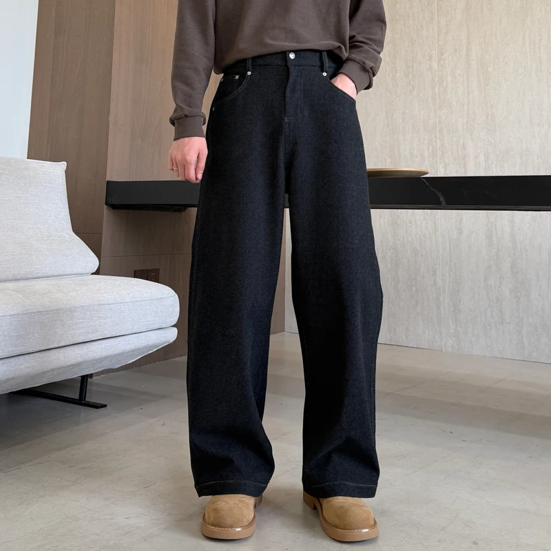 

Men's Autumn Winter Thiened Wide Leg Casual Pants Straight Tube Woolen Loose Slimming Long Trousers Faionable Straight Cut