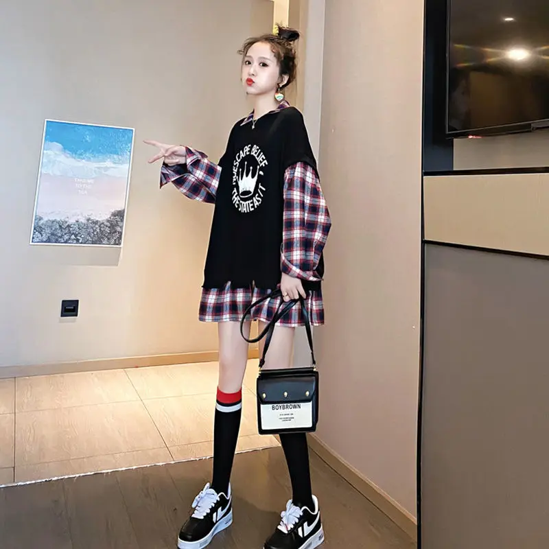 Autumn Casual Korean Patchwork Turn-down Collar Long Sleeve T-Shirts Female All-match Printing Fake Two Pieces Trend Sweatshirts