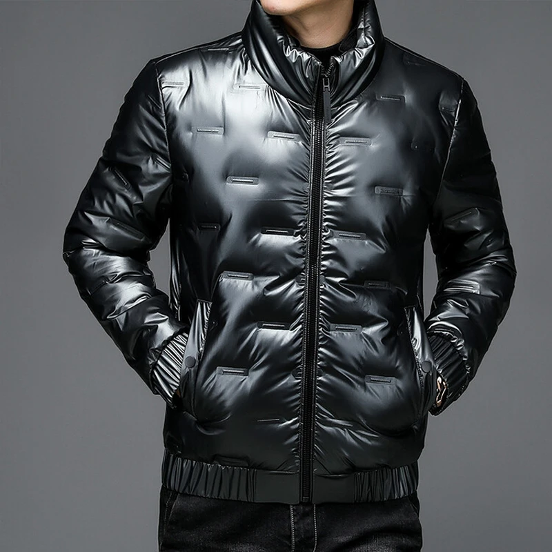 Winter new style Men's bright leather fashionable down jacket Casual stand collar short men's white duck down feather