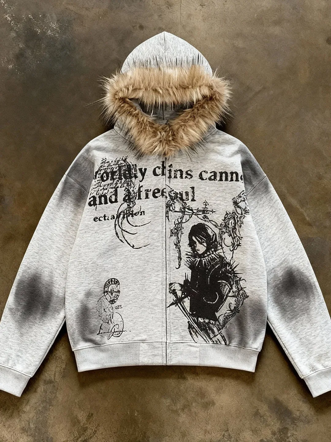 

Retro American Cartoon Print Hooded Sweatirt Women's Loose Vintage Design Couple Open Cardigan Coat Fall Season