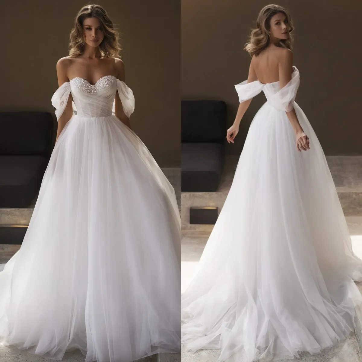 Elegant Ladies Luxury Wedding Dress Sexy Sweetheart Pearl backless with floor length Romantic wedding Beach bridal party dress