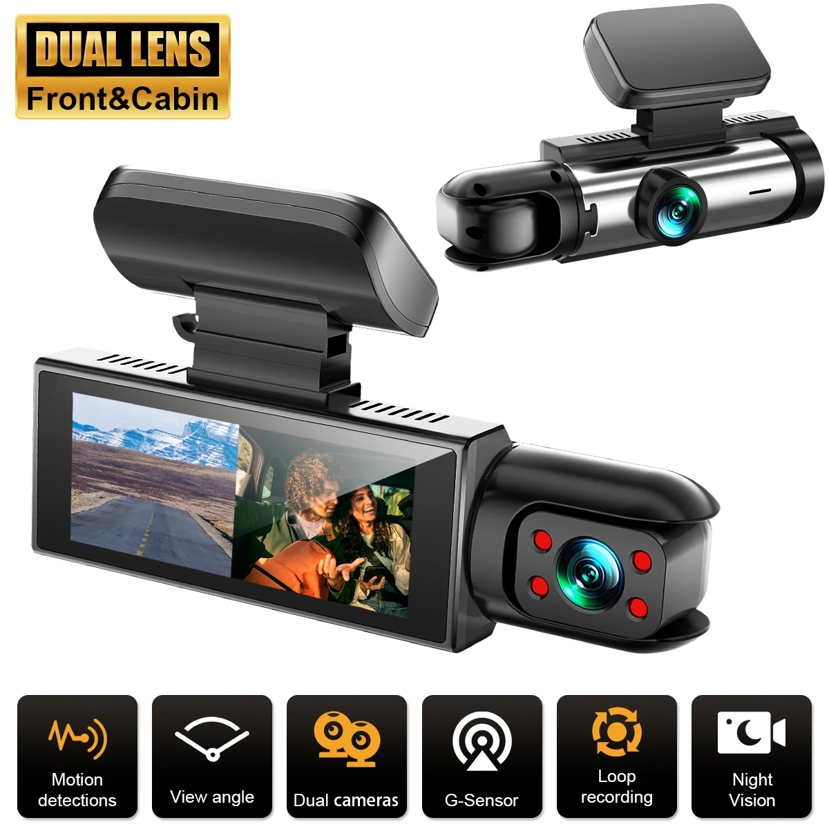 

1080P Dual Dash Cam for Cars - Front & Inside Camera with 64GB Card, lPS Screen,IR Night Vision, 170° Wide Angle, Loop Recording