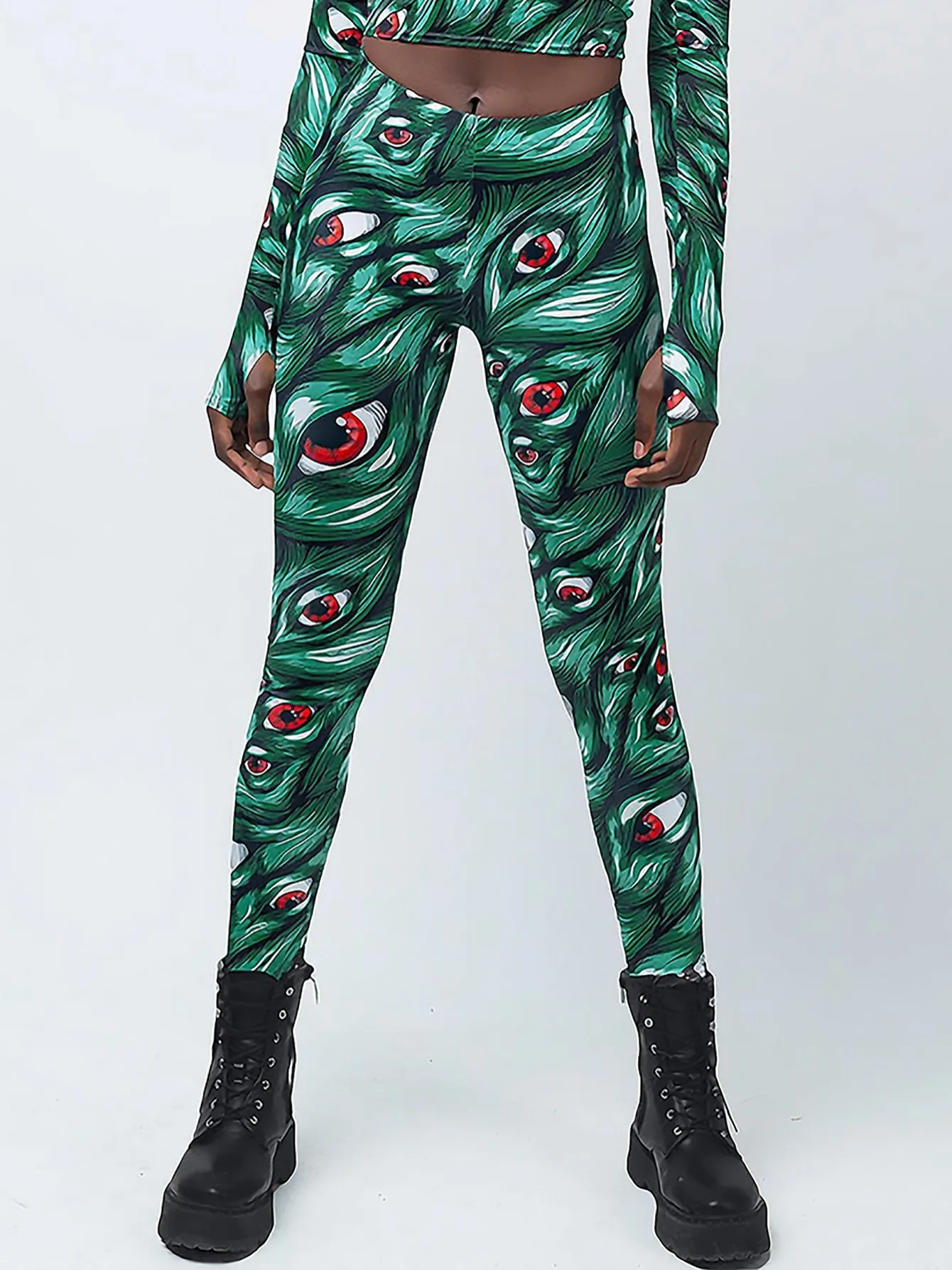 Moda damska oko zło legginsy z nadrukiem do fitnessu wysokiej talii legginsy gimnastyczne Push Up trening damskie zielone legginsy z nadrukiem