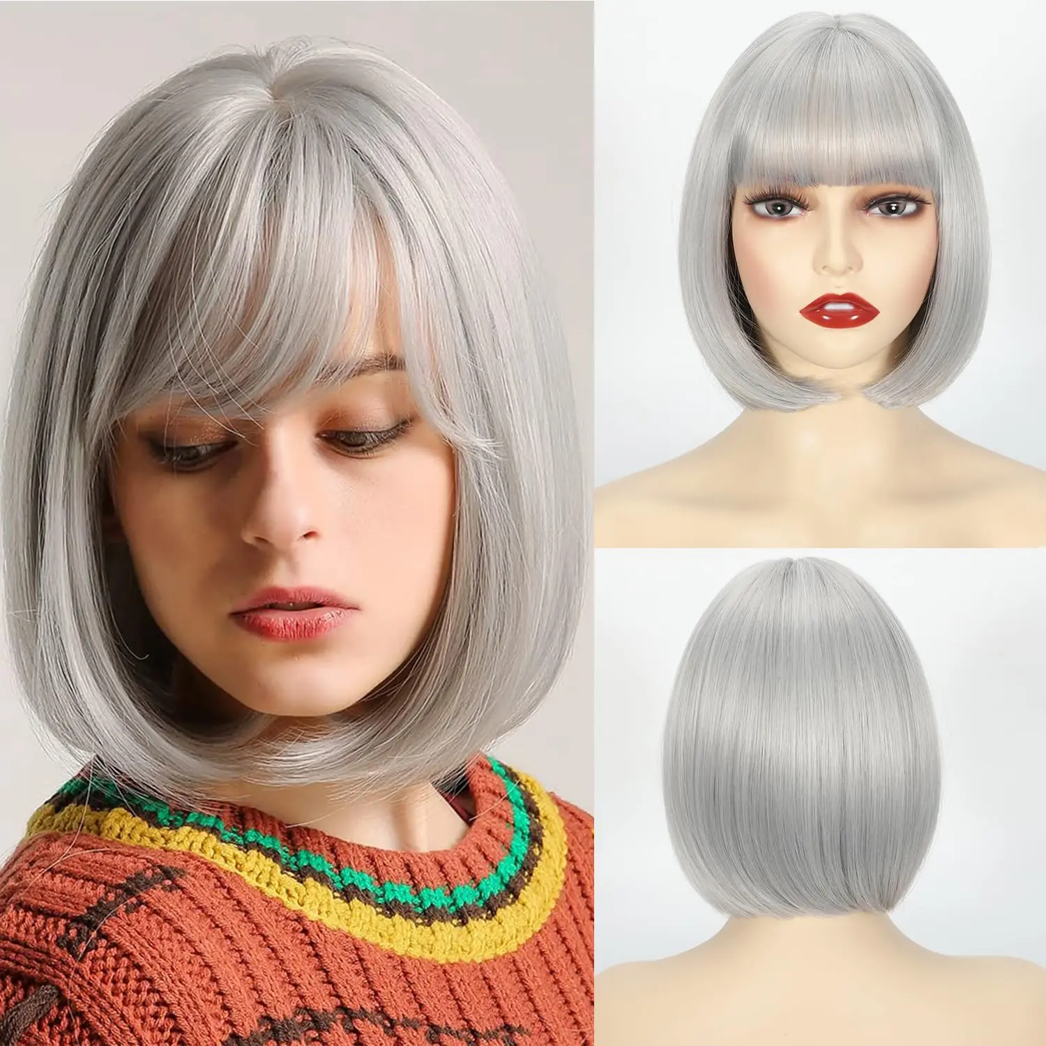 Short bob hairstyle grey synthetic wig for Halloween cosplay, role-playing, daily party, high-temperature hair accessory