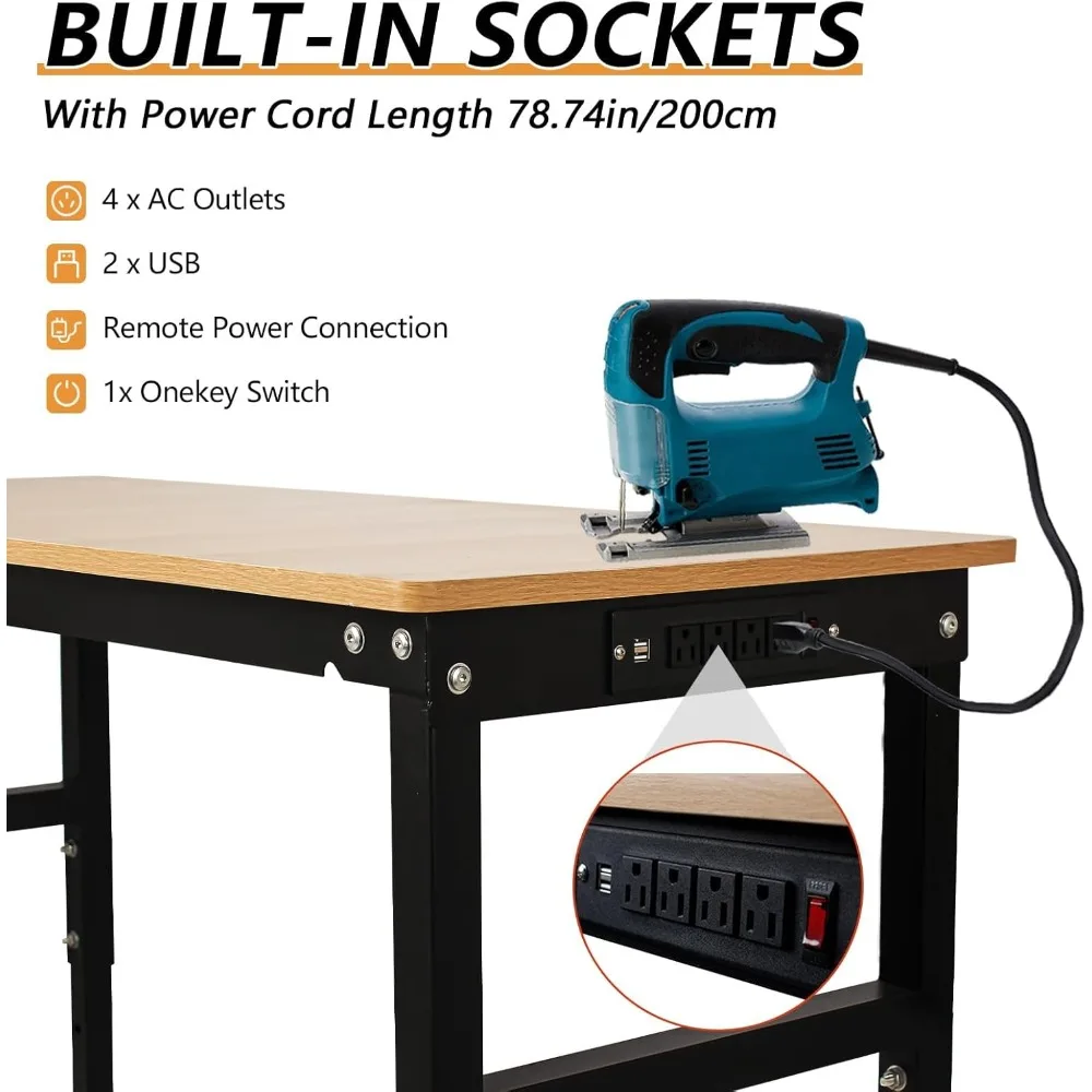 مقعد عمل قابل للتعديل مع مخرج طاقة، طاولة عمل للمرآب، منضدة من الخشب الصلب بسعة 2000 رطل، طاولة شديدة التحمل للعمل