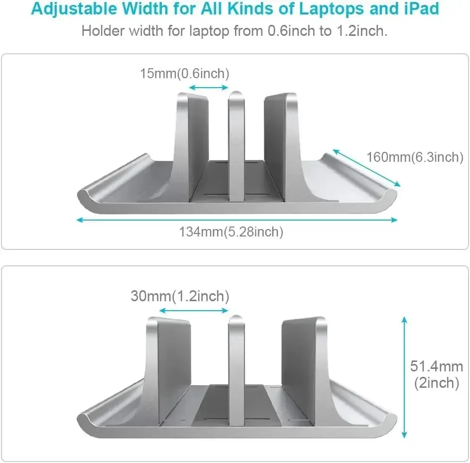 Aluminium Alloy Vertical Laptop Stand for Desk, Dual Slots Laptop Holder For Macbook Samsung notebook iPad 0.6-1.2inch width