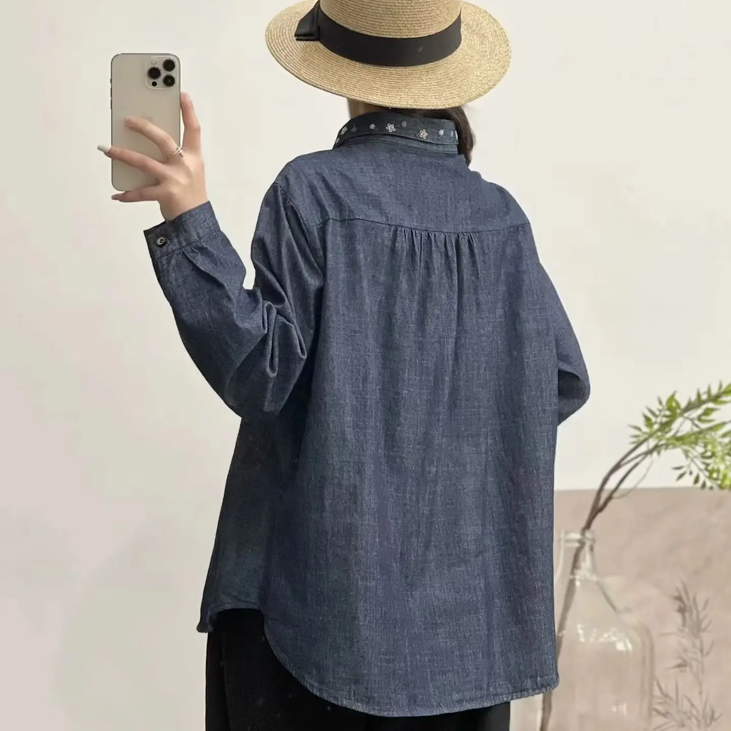 Harajuku fashion denim shirts and blouses for women fall Japan style flowers embroider jean shirts chubby woman vintage clothing