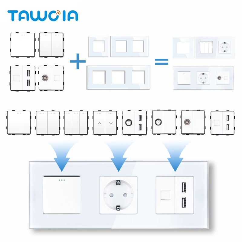 TAWOIA Mechanical Button Switch TV SAT CAT5 RJ45 Plug Type-C USB EU French Power Sockets 20W DIY Function Parts Free Combination