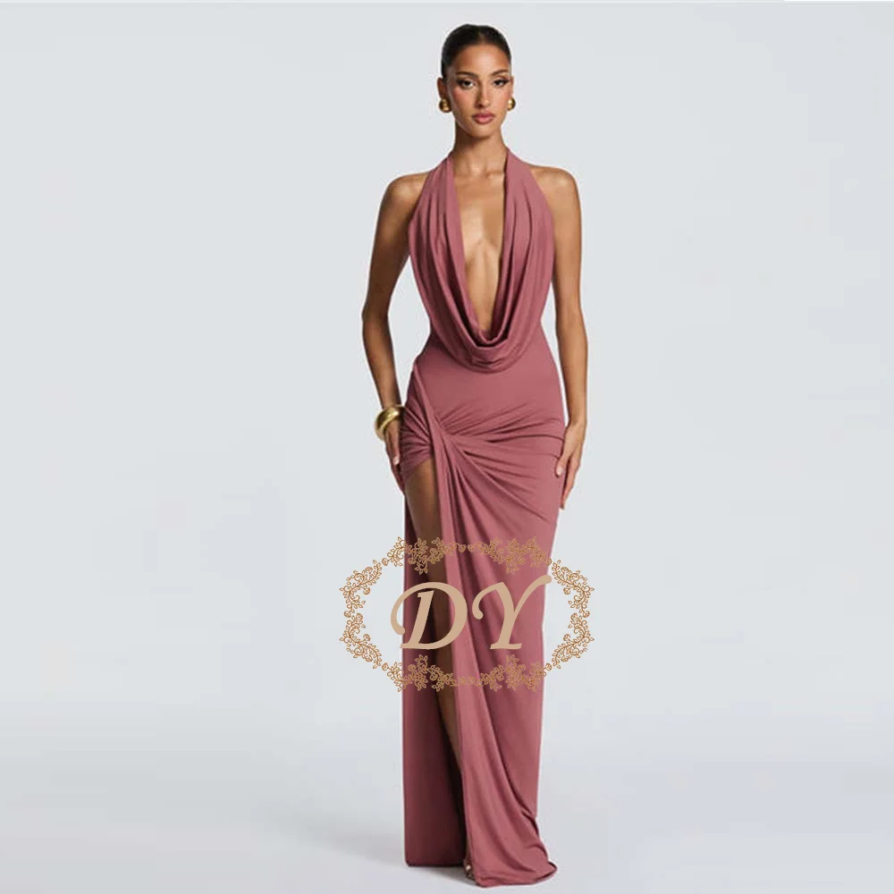 

Женское платье DY с V-образным вырезом без рукавов, весеннее, с завышенной талией, А-силуэт, сексуальное, с открытой спиной, длинное, вязаное, из полиэстера