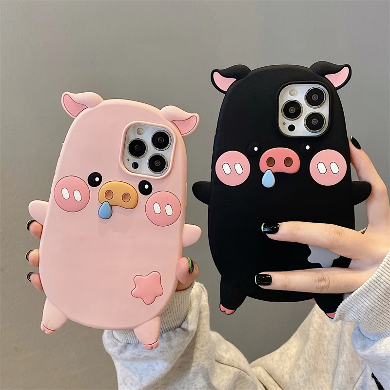 Cartoon Funny Snot Black Pink Pig Silicone Case For iPhone 14 12 11 13 15 Pro Max Cute Bracelet Soft Protection Phone Cover