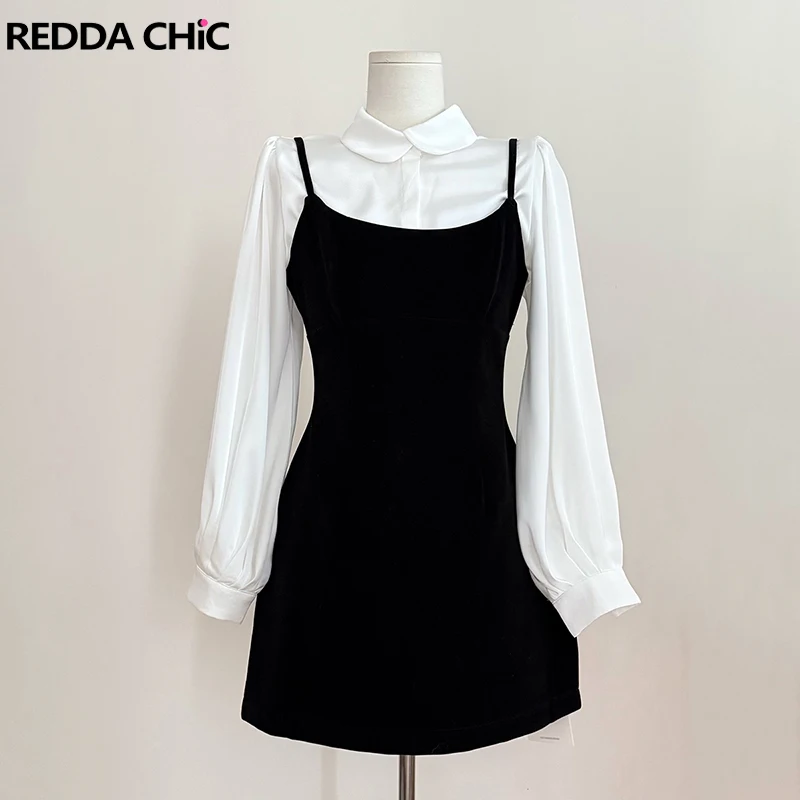 

ReddaChic Elegant Shirt Mini Dress Set Lapel Button Down Long Sleeve Blouse Top A-line Cami Velvet Dress School Woman Clothes