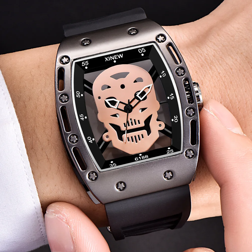 Relogio Masculino Watch Men Skull Hollow Watches Unique Skeleton Rubber Strap Tonneau Quartz Wristwatch Male Clock Drop Shipping