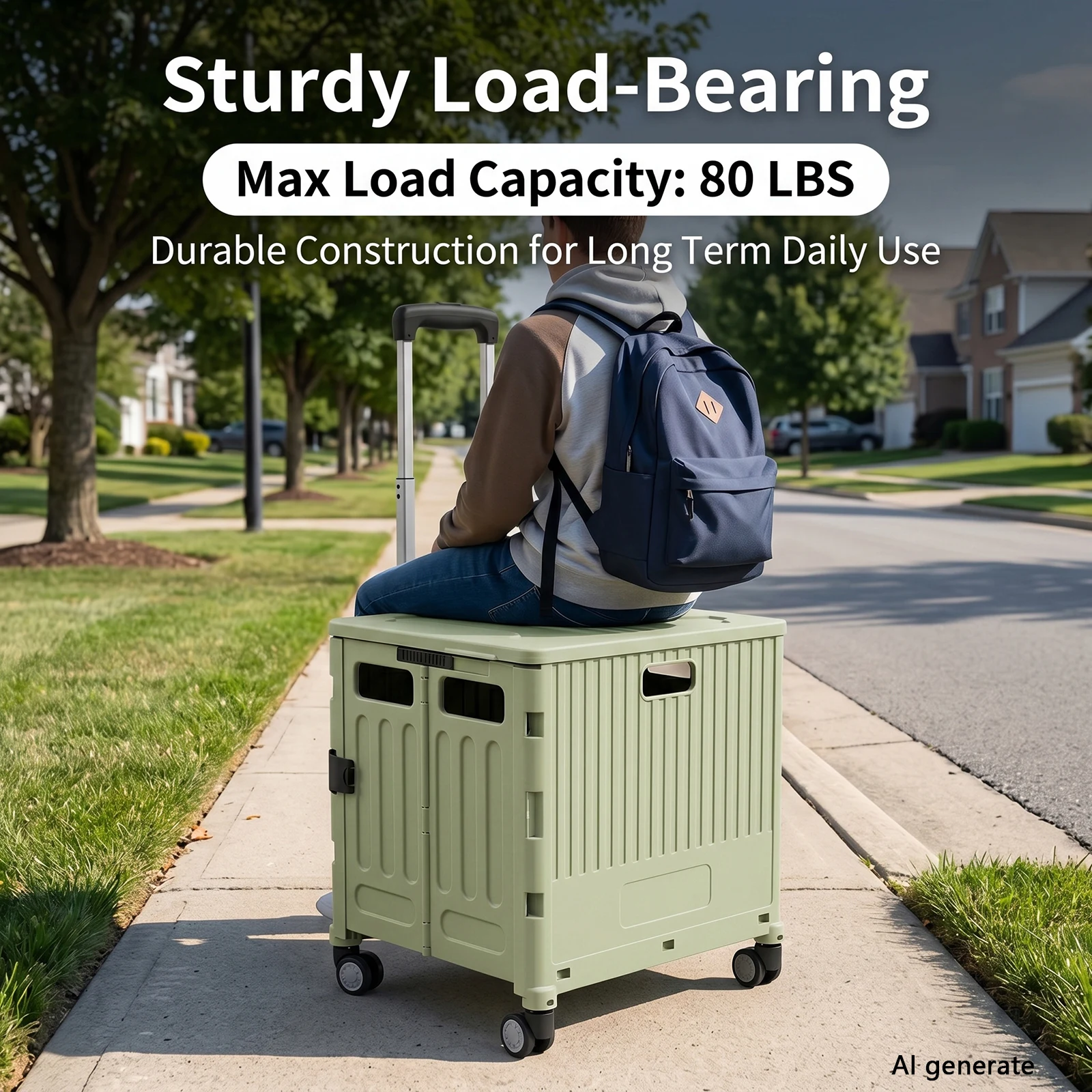 Foldable Rolling Storage Crate with Lid, Telescopic Handle & 4 Wheels, Portable Camping Shopping Box