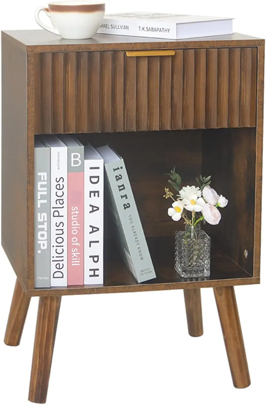 

Mid Century Modern Nightstand with Drawer and Opening Storage, Fluted Wood End Table for Bedroom or Living Room in Rustic Brown