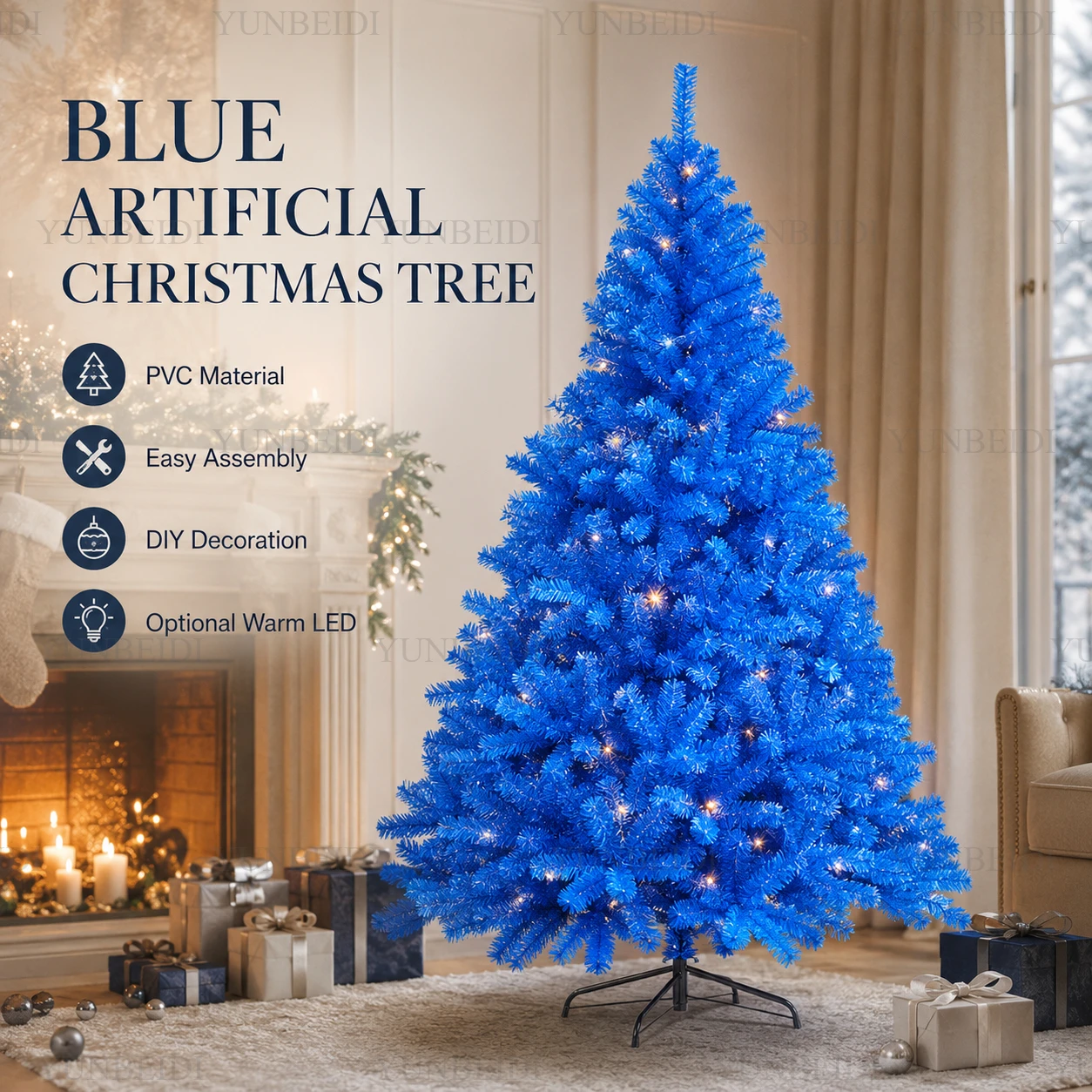 Blauer Künstlicher Weihnachtsbaum aus PVC, Hochwertig und Luxuriös mit LED-Warmlichtern, 120cm bis 210cm, für Weihnachtsdekoration zu Hause