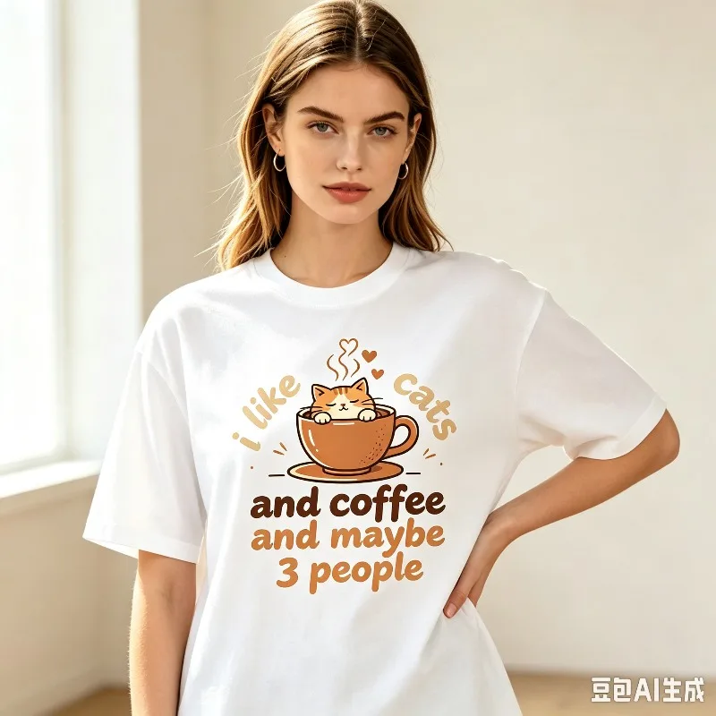 I Like Cats And Coffee And Maybe 3 People Print Women Modal T‑Shirt Funny Cat Lover Graphic Tee Daily Outdoor Holiday Streetwear