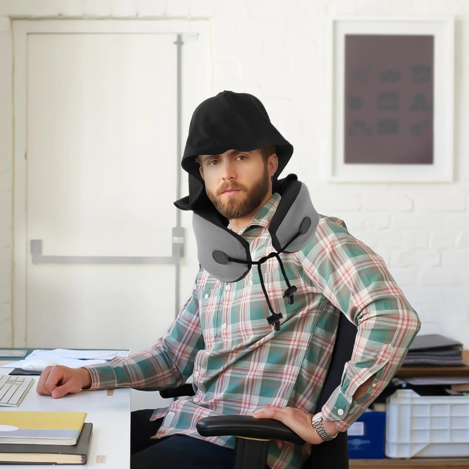 

U Foam Travel Neck Pillow with Hood Adjustable Portable for Airplane Car Camping Office Support Comfort