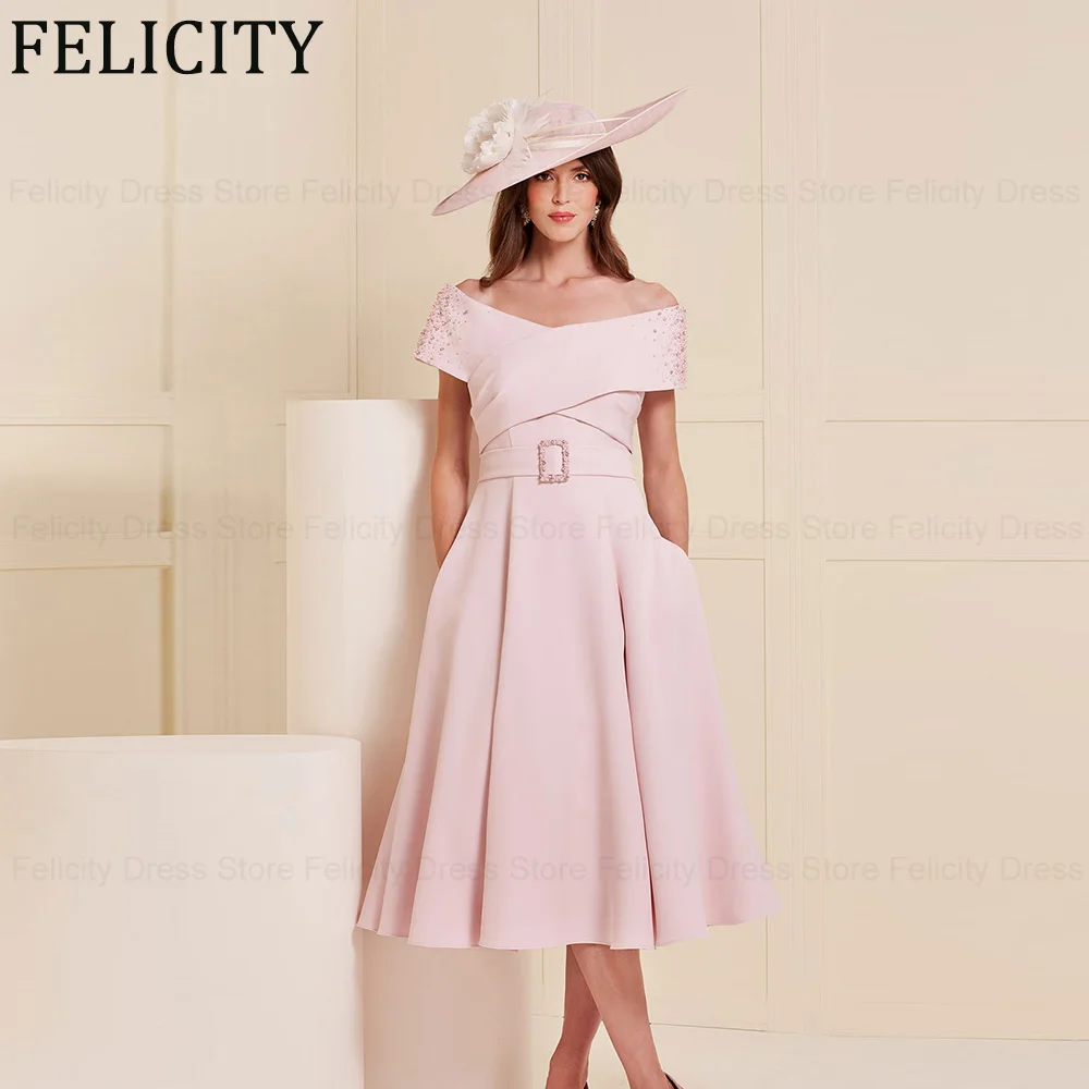 FELICITY Exquisite Pearls Mother of the Bride Dresses 2024 A-Line Off the Shoulder Wedding Guest Dresses Belt Short Evening Gown