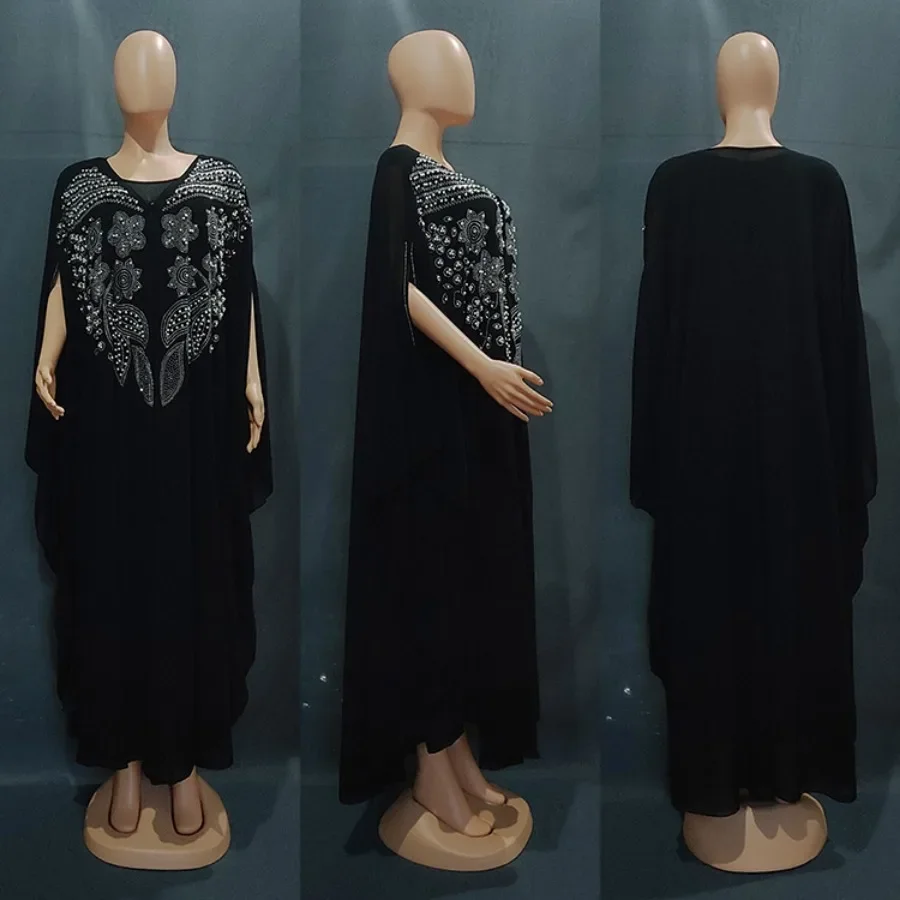 Customized CustomizedNew African Dashiki Women's Fashion Abaya Stylish Chiffon Fabrics Hot Drilling Loose Long Dress Free Size +