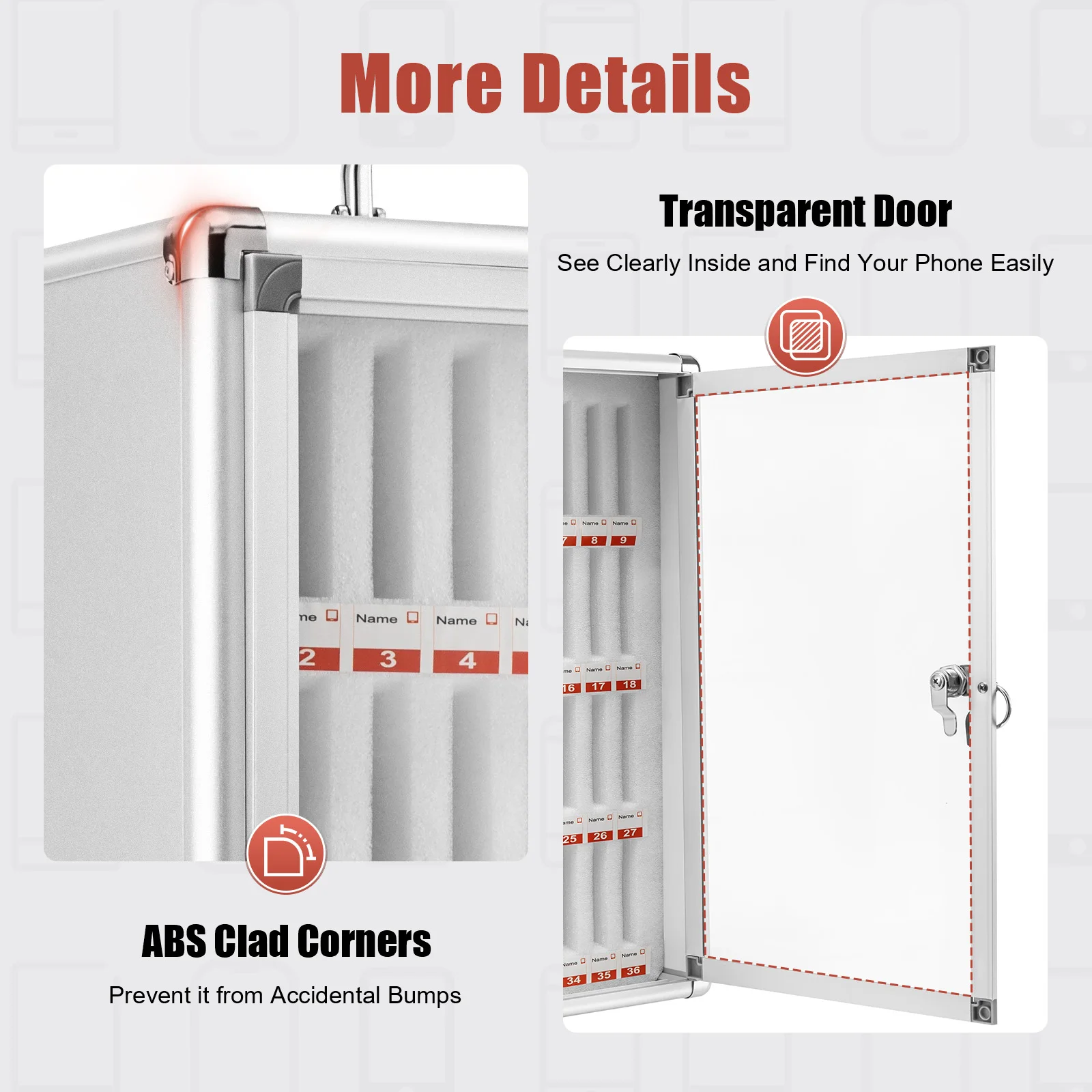 Armario de almacenamiento para teléfono, caja de almacenamiento para teléfono de aleación de aluminio con 36 ranuras, caja de seguridad para teléfono con cerradura, organizador transparente para teléfono móvil