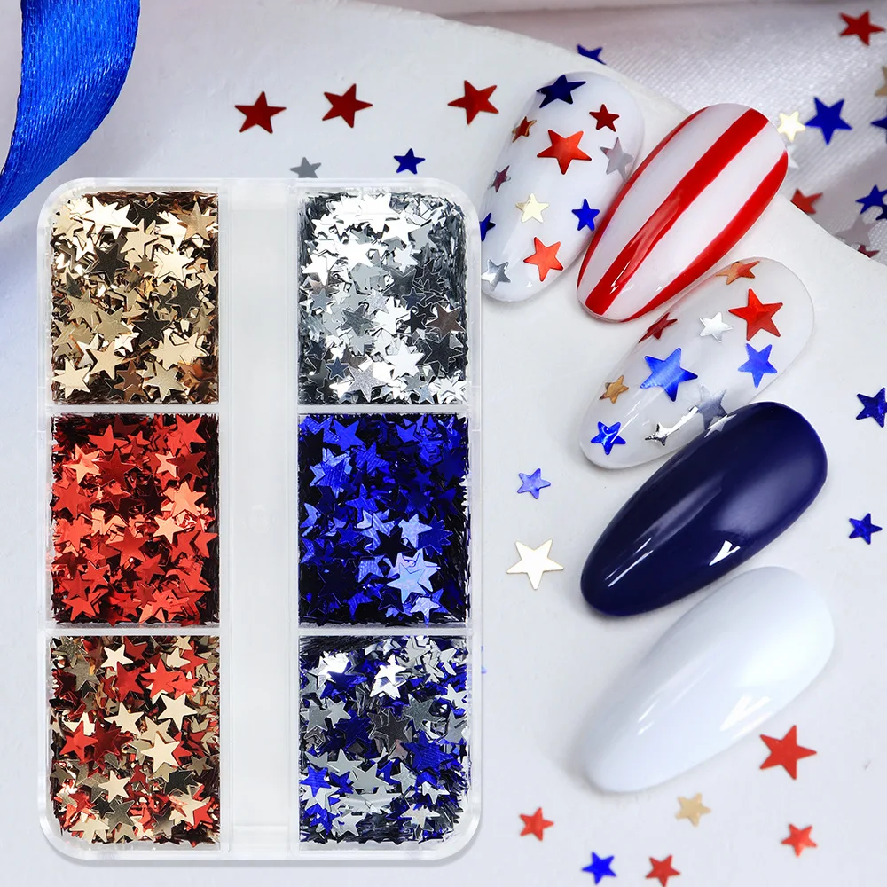 Kit glitter per unghie a stella a 6 slot – Paillettes a stella ultra scintillanti del Giorno dell'Indipendenza per unghie e nail art a pressione