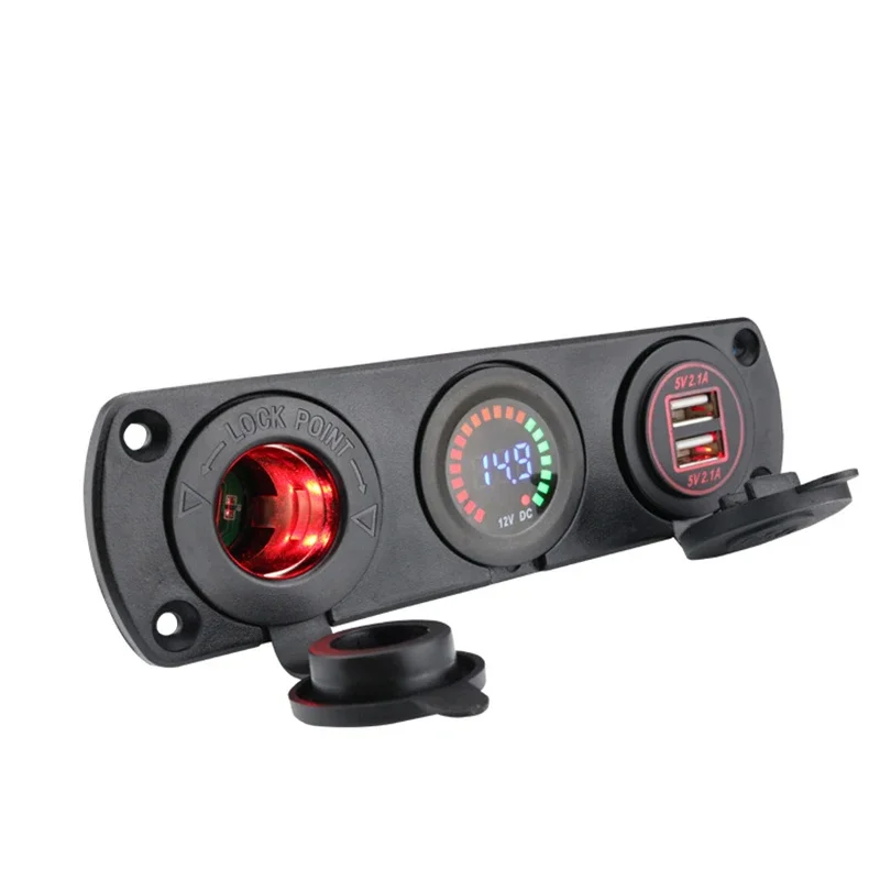 

Waterproof 12V 3 Holes Panel Dual USB Car Charger Cigarette Lighter Socket Colorful Screen Voltmeter Combination Accessories