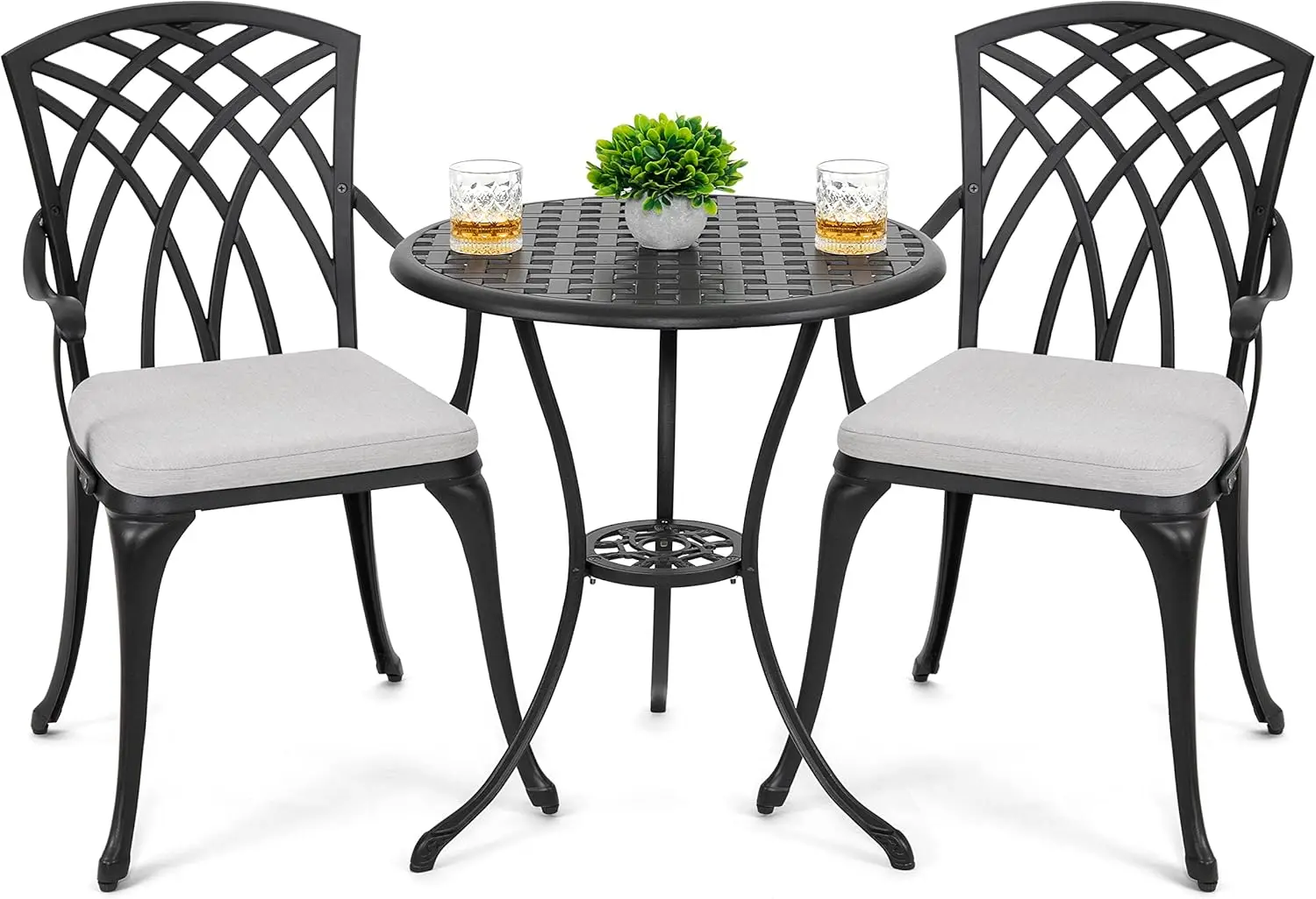 Set 3 Piece Outdoor Cast Aluminum Patio Bistro Set Patio Table and Chairs Set of 2 with Umbrella Hole and Gray Cushions, Black