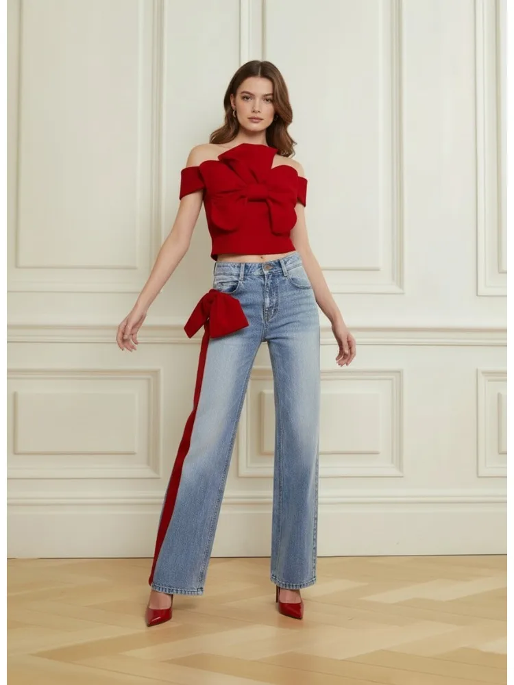 2026 Fashion Contrast Red Side Binding Bow Detail High Rise Wide Leg Jeans Casual Streetwear Straight Jeans Streetwear Pants