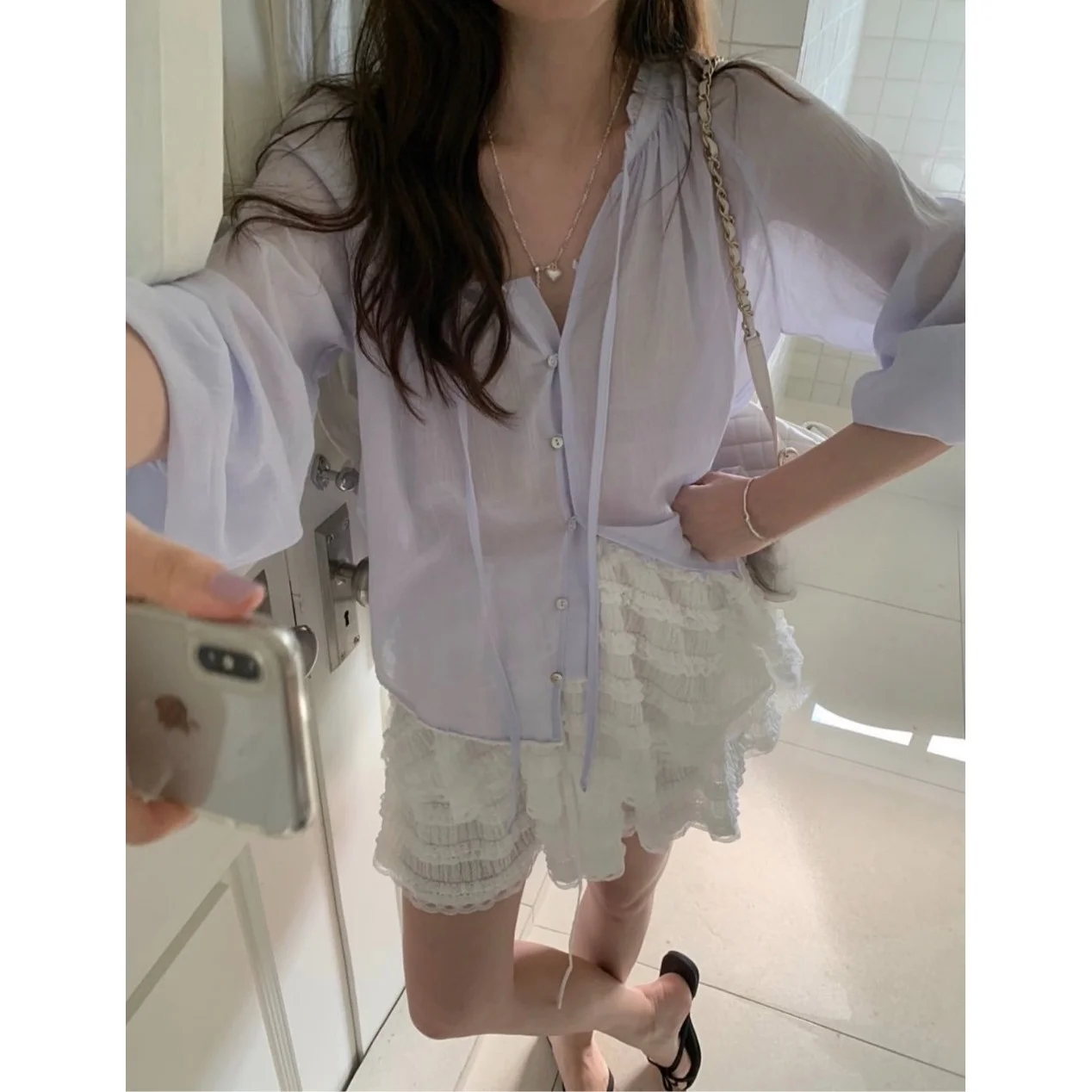 

Korean Style Thin Lace Collar Sash Shirt Versatile Elegant Autumn New Arrival Women's Fashion Long Sleeve Floral Design