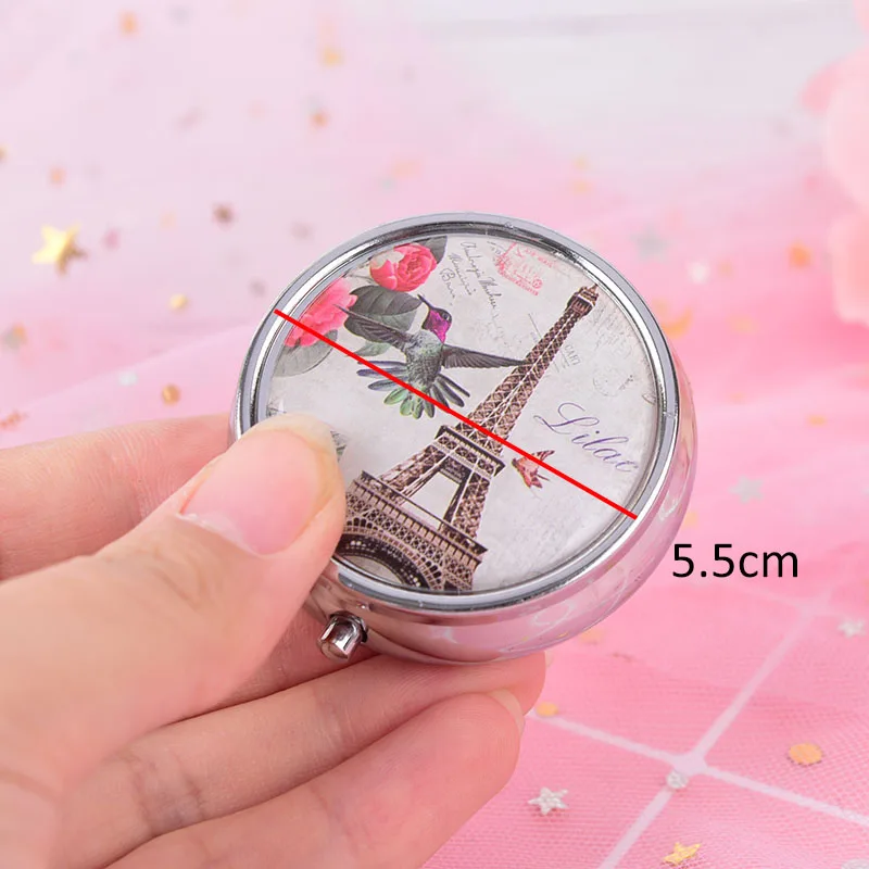 Sliver Tower Clock Round Shape Folding Pill Case Portable Pill Box Makeup Storage Container Metal Pill Cutter Medicine Organizer