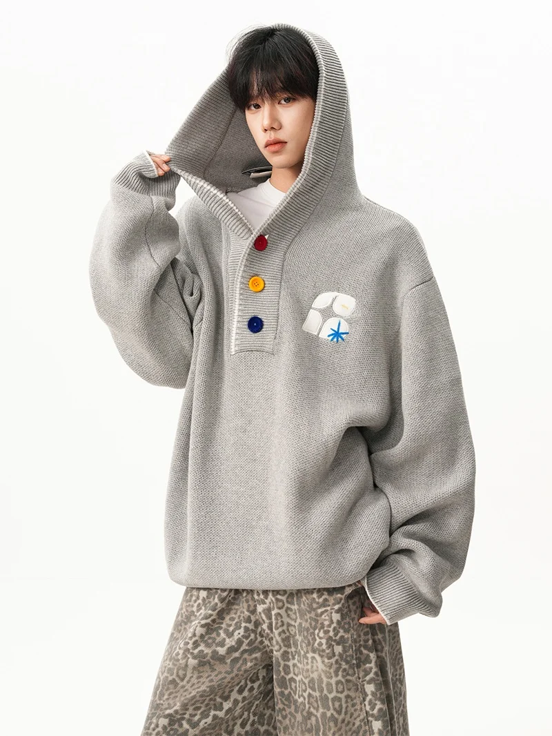 

Американский утепленный худи с вышивкой, мужская свободная повседневная вязаная верхняя одежда, осенний сезон, теплый геометрический узор