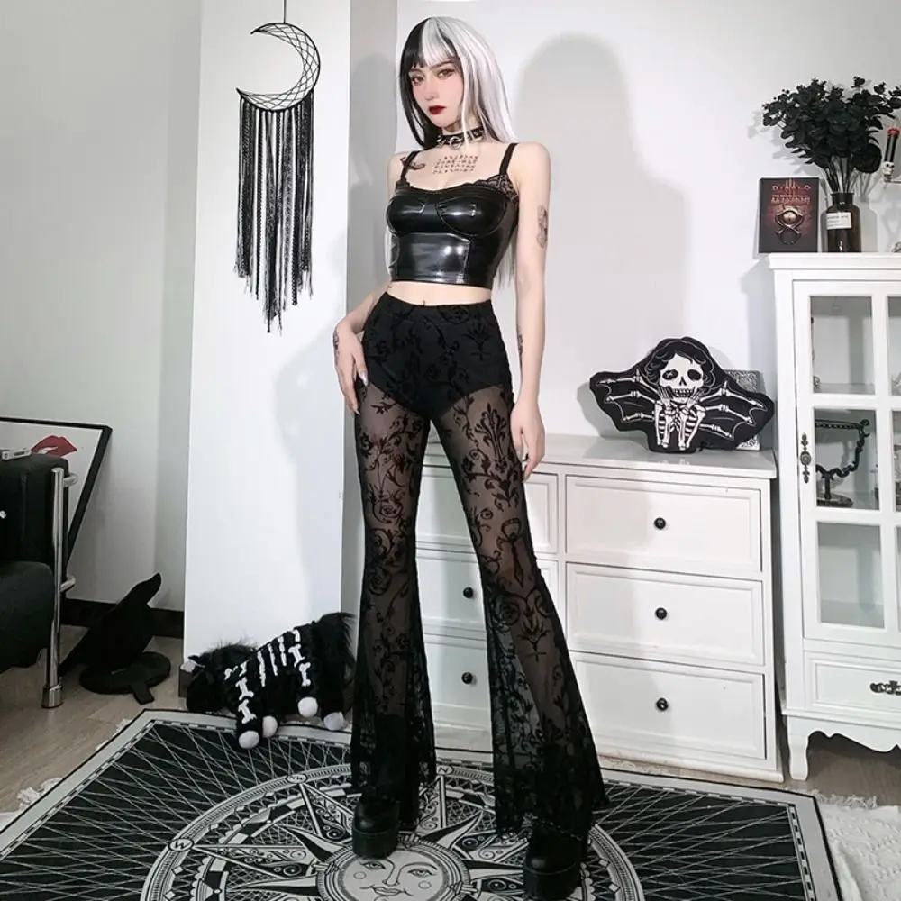 Casual See Through Gothic Punk Women Pants Patchwork Long Y2K Lace Flare Trousers Black Vintage Sexy Harajuku Pants Girls