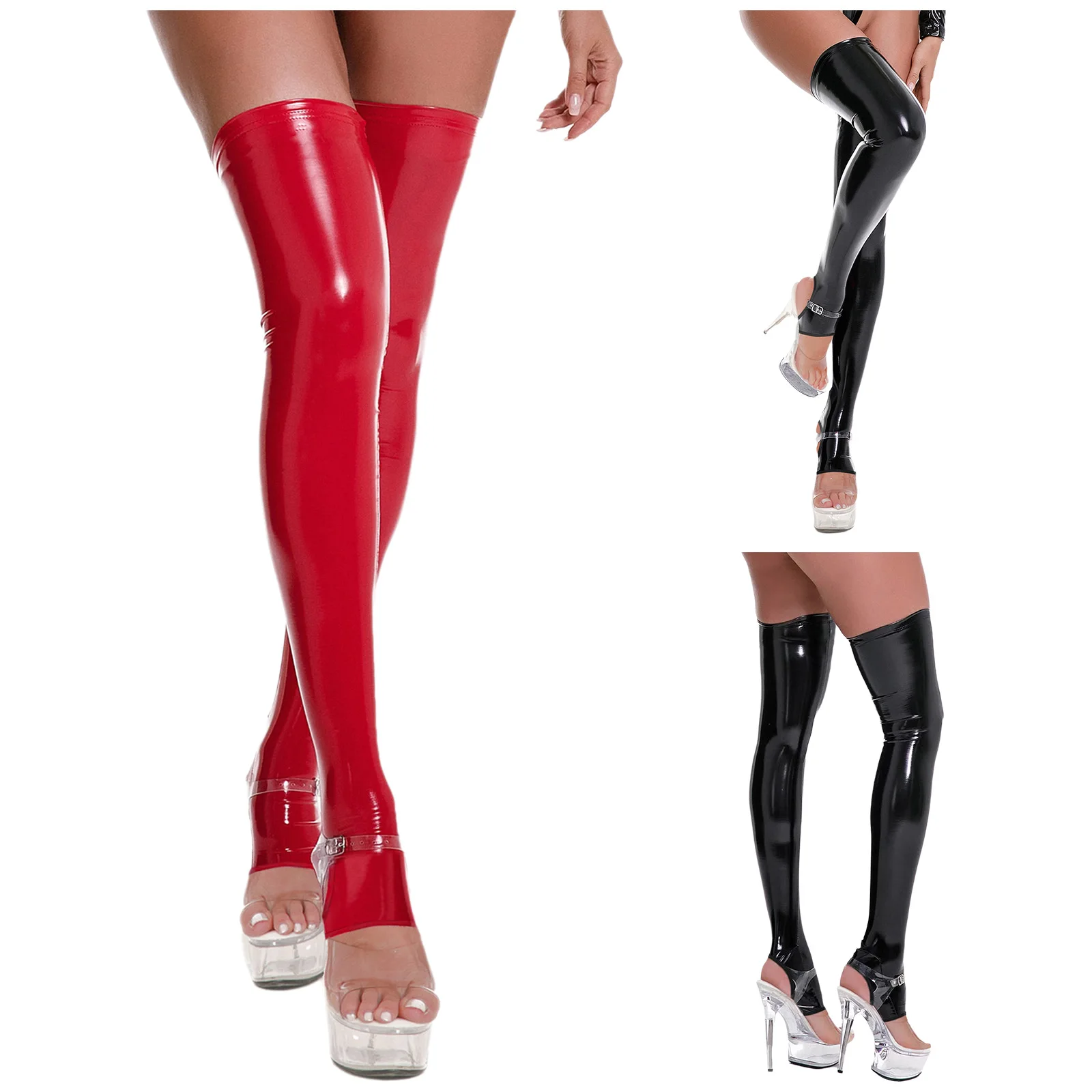1 Paar Damen-Overknee-Strümpfe aus glänzendem Lackleder mit offener Spitze für den Alltag und Partys