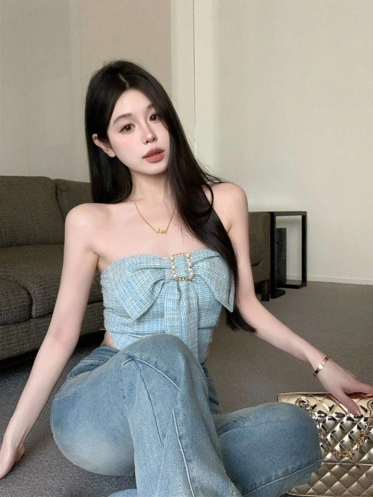 Women 2026 Summer Padded Cups Slim Fit Strapless Cropped Cami Top with Bow Waist Ruched Design