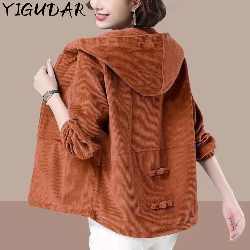 

Women's Jacket 2023 New Long Sleeve Windbreaker Hooded Corduroy Jackets Loose Coat Pocket Zipper Outwear Shirts For Women