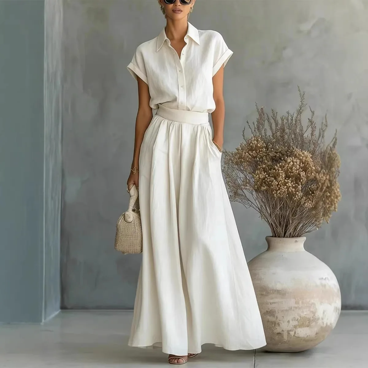 New 2026 Spring Summer Fashion Short Sleeve Shirt Wide Leg Pants 2 Piece Set Casual Style Women's Clothing Ensemble