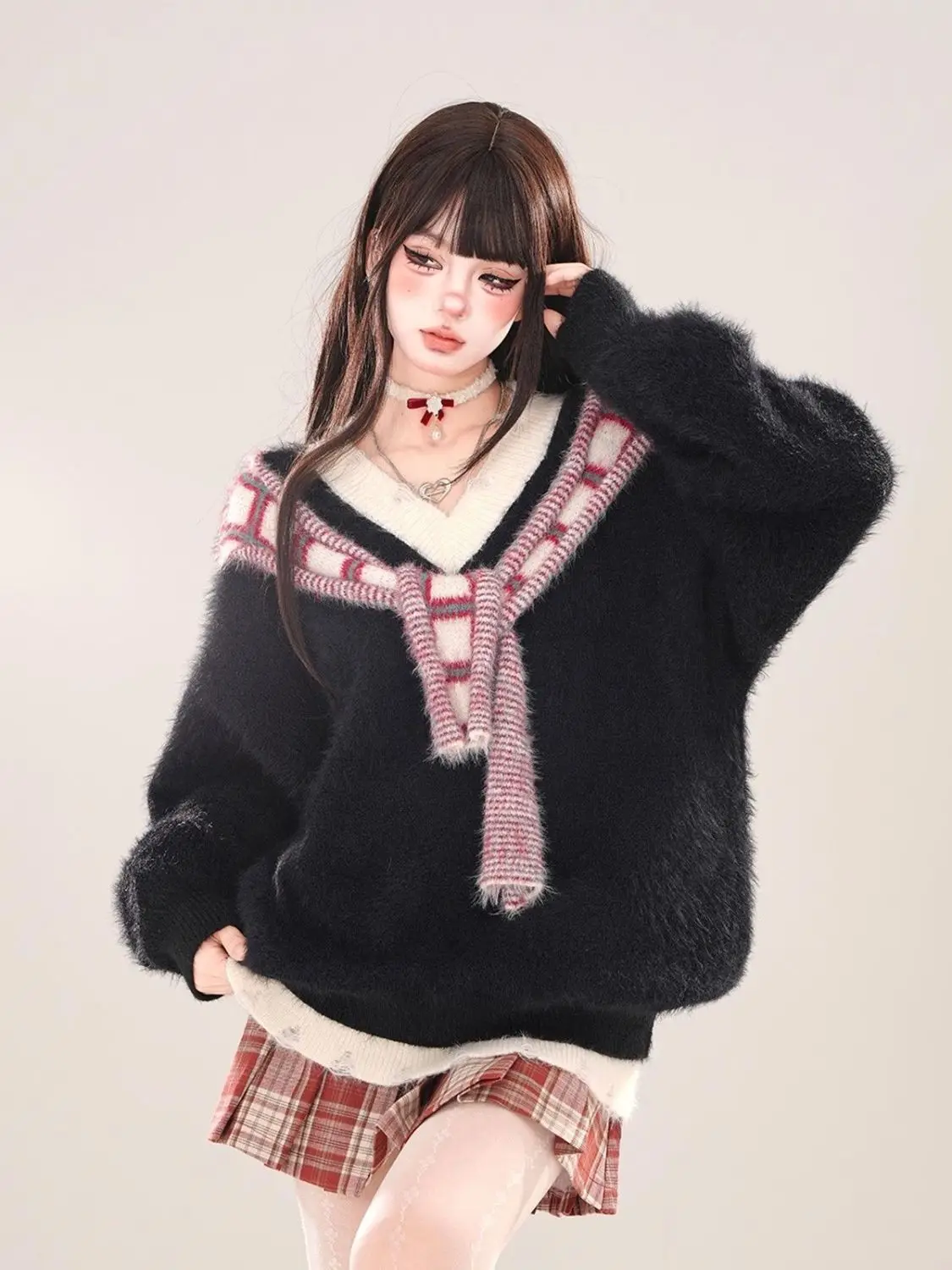 

Christmas Sweater Women's V Neck Mohair Blend Oversized Soft Fuzzy Holiday Top