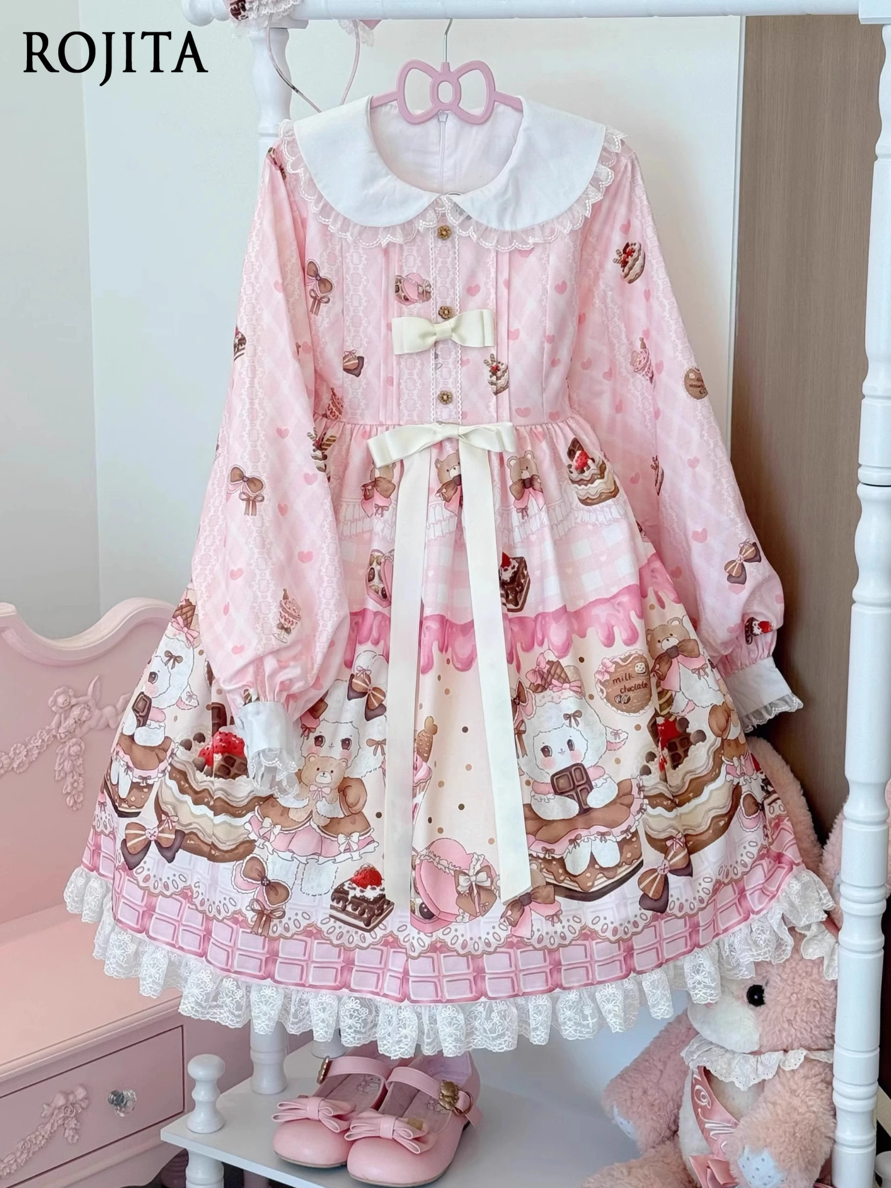 

Long Sleeve Lolita OP Dress for Women 2025 Autumn New Doll Collar Fairy Dress Sweet Lace Patchwork Cartoon Mid-Length Dress